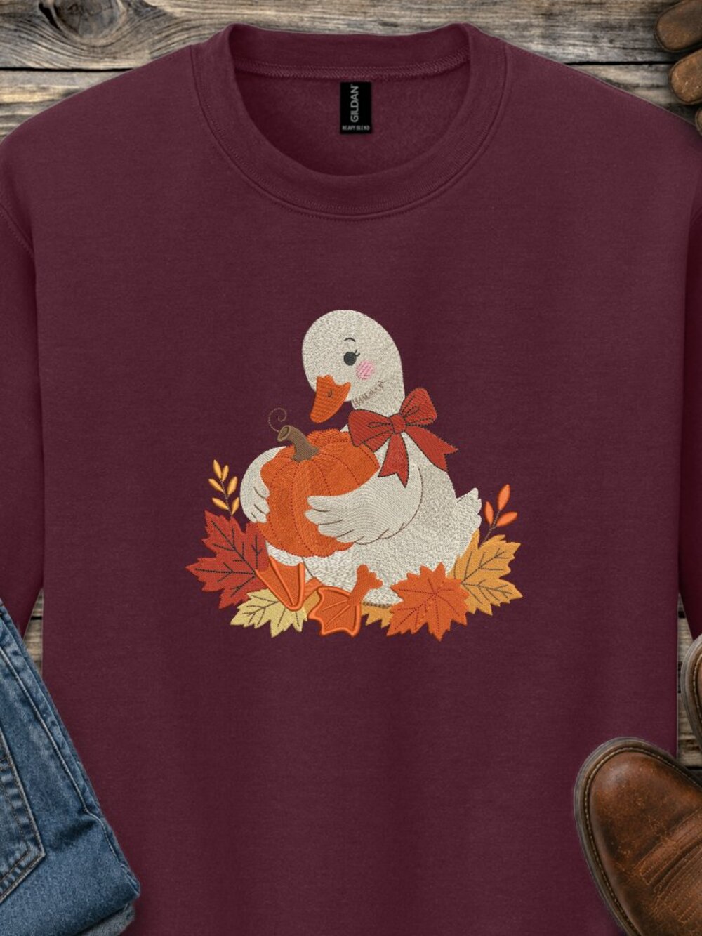 Fall Goose Sweatshirt Embroidered Unisex Crewneck Pumpkin Autumn Leaves Cozy